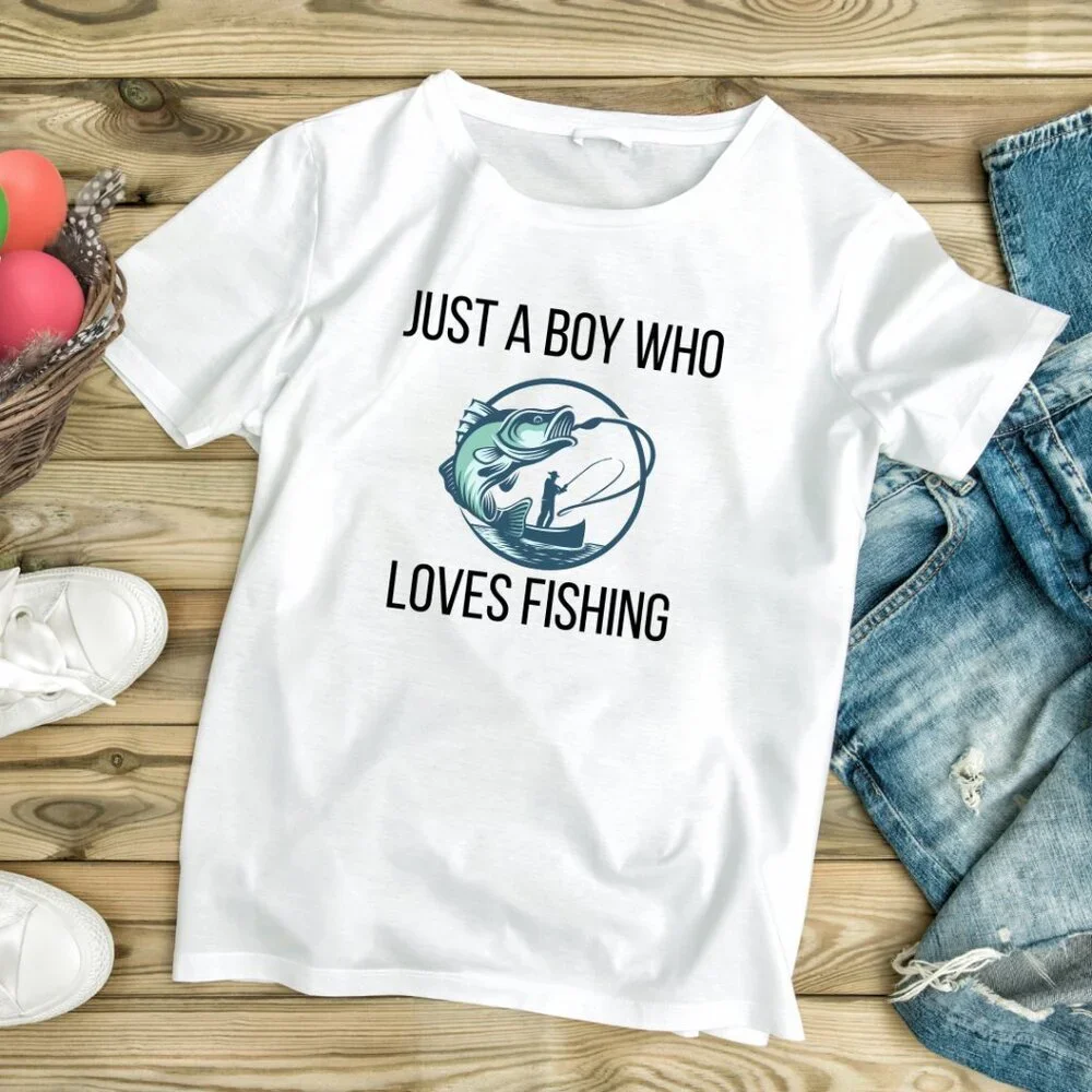 Handmade NWT Just a Boy Who Loves Fishing | Kids White Graphic Tee (XS-XL) - Picture 1 of 1